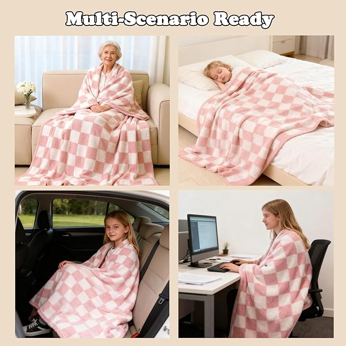 MorroMorn Checkered Throw Blanket for Couch, Pink Throw Blanket 2-Layers Soft Cozy Fleece Plaid Blankets Checkerboard Grid - Fluffy Fuzzy Warm for Sofa Chair Bed Home Decor Gifts, 50x60 inches