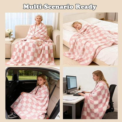 MorroMorn Checkered Throw Blanket for Couch, Pink Throw Blanket 2-Layers Soft Cozy Fleece Plaid Blankets Checkerboard Grid - Fluffy Fuzzy Warm for Sofa Chair Bed Home Decor Gifts, 50x60 inches