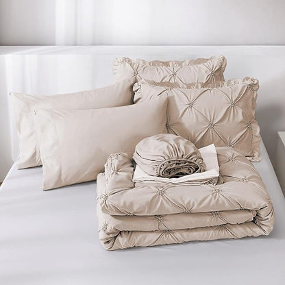 JOLLYVOGUE Beige Twin Size Comforter Sets 5 Pieces,Pintuck Bed in a Bag Comforter Set for Bedroom, Bedding Comforter Sets with Comforter, Sheets,Ruffled Shams & Pillowcases