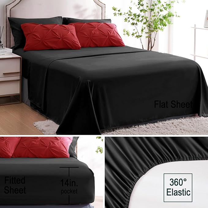 Ubauba 7pc Queen Size Comforter Set with Sheets, Pintuck 7 Piece Bedding Comforters Bed in a Bag for All Season, Pinched Pleat Bed Set with Comforter (Red and Black,Queen)