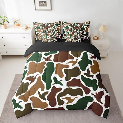Erosebridal Camo Army 7 Piece Bedding Set Twin Hunting Duck Comforter Set with Sheets Military Camouflage Bed in a Bag Wild Farmhouse Woodland Bed Sets Comforter