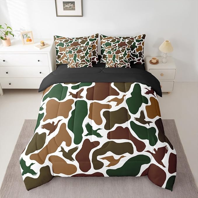 Erosebridal Camo Army 7 Piece Bedding Set King Hunting Duck Comforter Set with Sheets Military Camouflage Bed in a Bag Wild Farmhouse Woodland Bed Sets Comforter