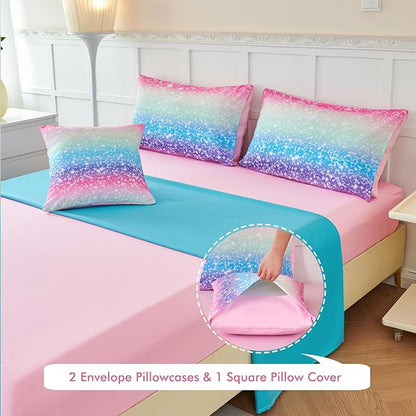 PERFEMET Blue Green Twin Comforter Set for Girls, 6 Pcs Colorful Rainbow Kids Bedding Sets, Tie Dye Ombre Twin Comforter Set with Sheets, Gradient Glitter Bed Sets for Bedroom Decoration