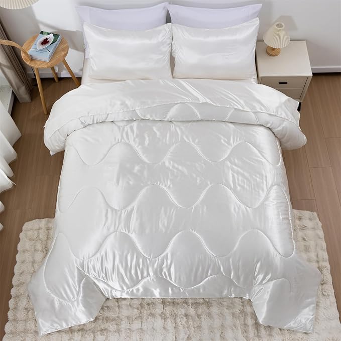 A Nice Night Satin Silky Soft Quilt Luxury Super Soft Microfiber Bedding Comforter Set Full/Queen, Light Weighted (White, Queen)
