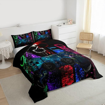 Gamer Bedding Sets for Boys, Gaming Down Comforter Queen Size, Gamer Room Decor Bedding Kids Video Games Comforter Set, Sugar Skull Gamepad Duvet Sets for Men Bedroom,with 2 Marble Pillow Sham