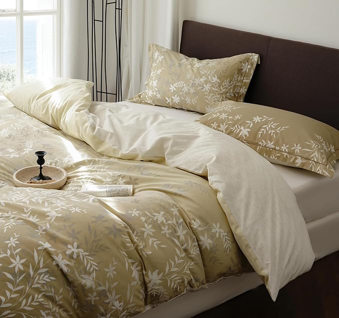 Queen Size Gradient Cotton Comforter Set, 3Pcs Flower Print Botanical Duvet for All Seasons, Luxury Warmth Breathable Bedding Set with 1 Lightweight Comforter and 2 Pillow Shams