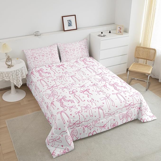 Pink Bowknot Kids Girls Comforter Set Queen Size,Cartoon Hand Drawn Stars Love Bow Quilt Set,Sweet Princess Style Bedding Set for Teens Woman Room Decor,Dreamy Pink White Duvet Insert 3Pcs