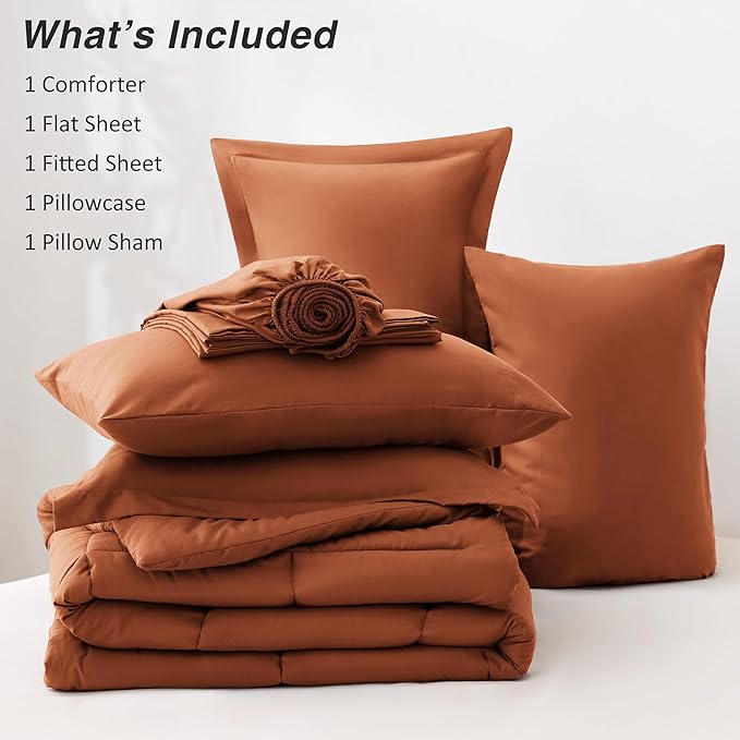 Love's cabin Twin XL Comforter Set Burnt Orange, 5 Pieces Twin XL Bed in a Bag, All Season Bedding Sets with 1 Comforter, 1 Flat Sheet, 1 Fitted Sheet, 1 Pillowcase and 1 Pillow Sham
