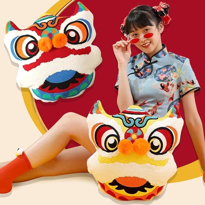 Chinese New Year 2026 Lion Pillow, Red Lion Head Throw Pillows Lion Dance Cushion New Year Decorations Cute Chinese Gifts for Friends(45x48cm)