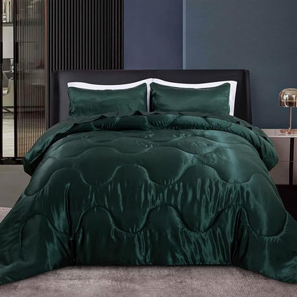 A Nice Night Satin Silky Soft Quilt Sexy Luxury Super Soft Microfiber Bedding Comforter Set Full/Queen, Light Weighted (Blackish Green, Queen)
