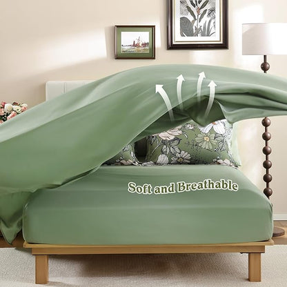 Luxudecor Queen Comforter Set 7 Pieces Bedding Sets,Olive Green Floral Comforter and Sheet Set,Soft Microfiber Bed in a Bag for All Seasons (Olive Green,90"x90")