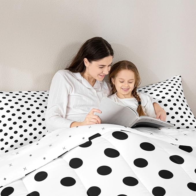 Manfei Black Polka Dots Comforter Set Twin Size,French Style Dots Cartoon Cute Bedding Set 2 Pcs for Boys Girls,Geometric Circles Black White Simple Art Comforter,1 Pillowcase