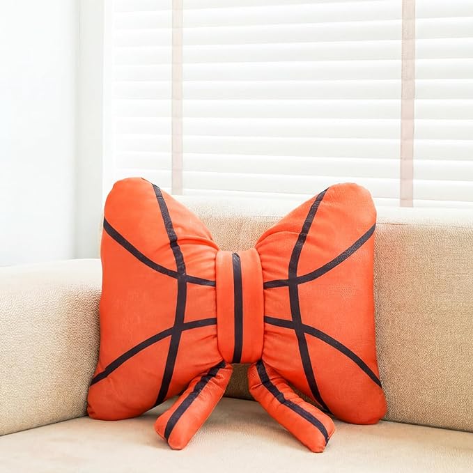 Pinkunn Basketball Bow Pillow Plush, 15'' Orange Bow Shaped Throw Pillow, Fluffy Soft Decorative Sports Basketball Cushion Valentines Gift for Women Men Players Sport Enthusiast Home Sofa Couch Decor