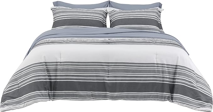 Bedsure Full Comforter Set 7 Pieces, Dark Grey Striped Bedding Set for All Seasons, Reversible, Cationic Dyeing Bed in a Bag with Comforter, Sheets, Pillowcases & Shams