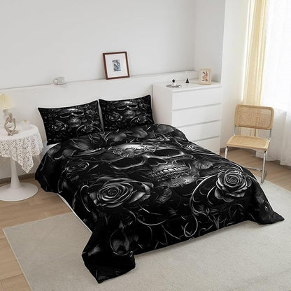 Erosebridal Gothic Bedding Set for Adluts Kids Teens Goth Skull Toddler Comforter Vintage Victorian Romantic Gray Rose Floral Quilt Spooky Grunge Skeleton Boho Horror Bedding,Gothic Decor