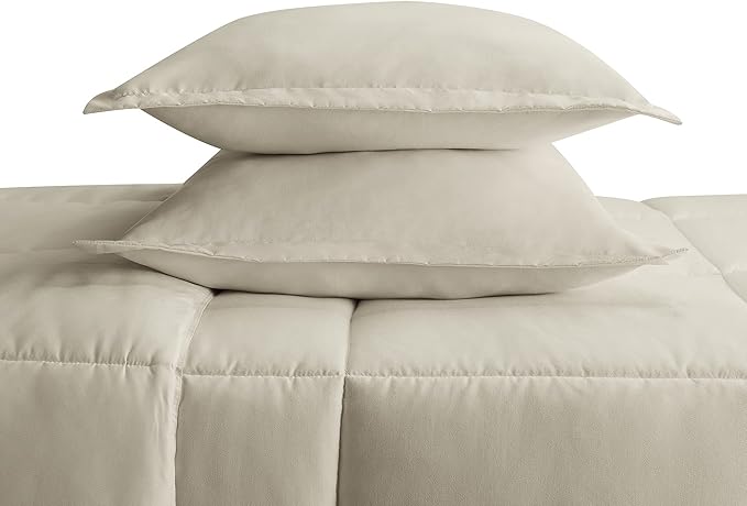 SERTA Simply Clean Ultra Soft Hypoallergenic Solid 3 Piece Comforter Set, Full/Queen, Khaki