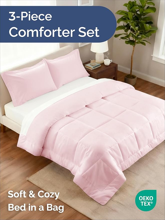 Full Comforter Set - 3 Piece Bed Set for All Seasons - 1 Soft Quilted Comforter w/ Corner Tabs & 2 Pillow Shams - Comfy & Breathable - Premium Down Duvet Insert - Oeko-TEX - Full Size, Lavender Pink