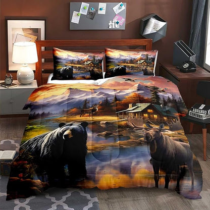 LUVIVIHOME 3PCS Black Bear Deer Moose Comforter Set King Size, Mallard Duck Mountain Woodland Forest Animal Wildlife Hunting Hunter Country Lodge Rustic Farmhouse Cabin Bedding Sets, 2 Pillow Shams