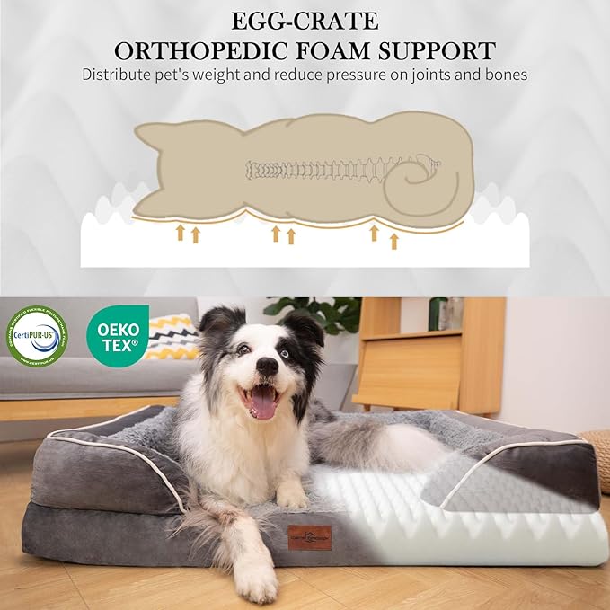 Comfort Expression Orthopedic Dog Bed for Extra Large Dogs 48x30 Inch, Waterproof Egg Crate Foam XXL Pet Bed with Removable Bolsters, Dog Couch with Washable Cover & Non-Slip Bottom, Grey