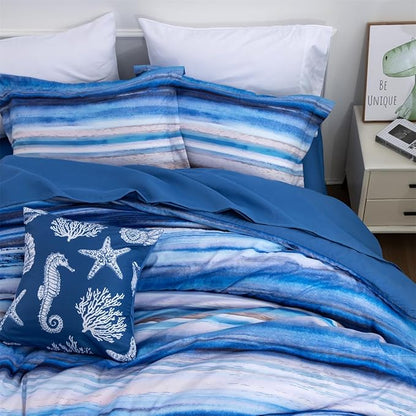 Holawakaka Beach Stripe Bedding Sets 6 Pieces, Blue Coastal Striped Comforter Set Twin Size All Season Geometric Bed Set, Nautical Bed in a Bag with Comforter, Sheets and Shams
