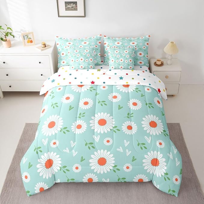 Feelyou Daisy Comforter Set with Sheets 7 Piece Twin Size Botanical Floral Printed Bedding Set for Kids Boys Girls Garden Plants Design Bed in a Bag Blue Room Decor Soft Lightweight Microfiber