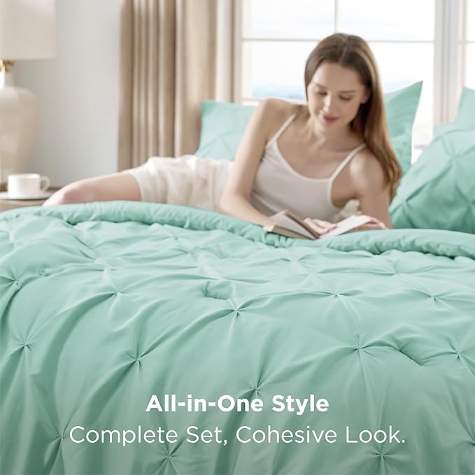 Bedsure Twin Comforter Set Mint Green - Bed in a Bag Twin Size Bedding 5 Pieces, GentleSoft™ Pintuck Bed Set Gift for Family, Pinch Pleat Mint Green Comforter with Sheets, Pillowcase & Sham