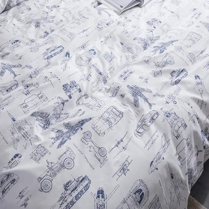 KAREVER White Aircraft Comforter Set Twin Boys Cartoon White Bedding Set Airplane Comforter Car Tank Printed Bedding for Children Teen Boy Blanket Set