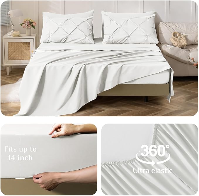 JOLLYVOGUE Queen Comforter Set 7 Pieces - Bed in a Bag Queen for All Season, Pintuck Bedding Comforter Sets with Comforter, Flat Sheet, Fitted Sheet and Pillowcases & Shams, Ivory