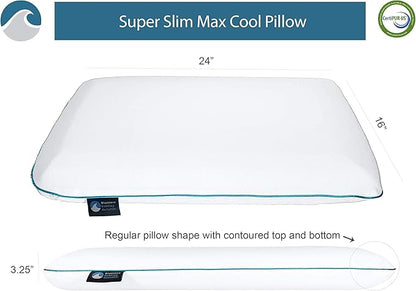 Bluewave Bedding Super Slim Max Cool CarbonBlue Gel Memory Foam Pillow for Stomach and Back Sleepers - Thin, Flat Design with Advanced Cooling (3.25-Inch Height, Standard Size)