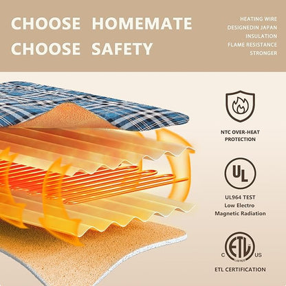 Homemate Electric Blanket Heated Twin Size - 62“x84“ Ultra Soft Cozy Flannel Heating Blanket with 10 Fast Heat Levels 8 Hours Auto Off Over-Heated Protection ETL Certification Keep Warm in Home