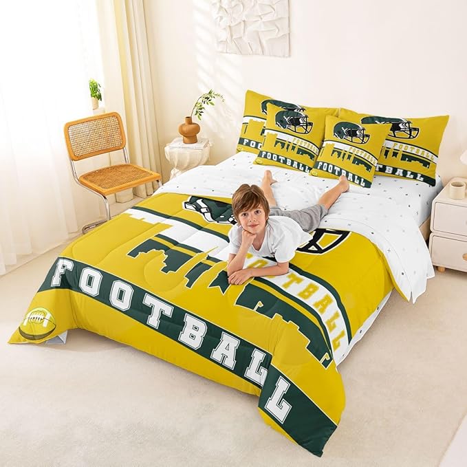 Erosebridal Football 7 Pcs Comforter Set Full Football Fans Bedding for Boys Girls Football City Sheet Set Bed in A Bag Yellow Rugby Competition Room Decor Sports Ball Game Quilt