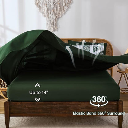 Luxudecor Green Comforter Set King Size 7 Pieces,Boho Aztec Comforter with Sheet Set,Geometric Striped Pattern Bed in a Bag,Soft Microfiber Bed Set 104"x90"