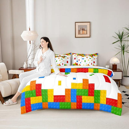 Boys Construction Kids Bedding Sets Queen Size 7 Pcs,Building Block Gaming Comforter Set for Girls Boys Room Decor,Cartoon Watercolor Brick Fitted Flat Sheet with 2 Throw Pillow Covers 2 Pillowcases