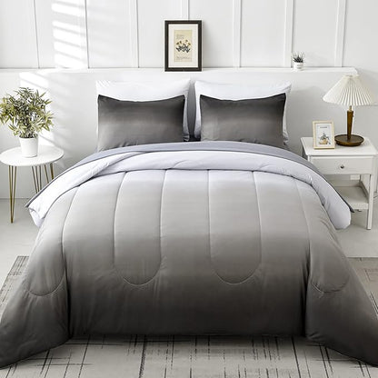 Grey Comforter Set Queen Size 7 Pieces Ombre Effects Gradient Black and Grey Bedding Bed in a Bag - All Season Lightweight Microfiber Bedding Sets with Comforter for Women Men Teens (90" x90")