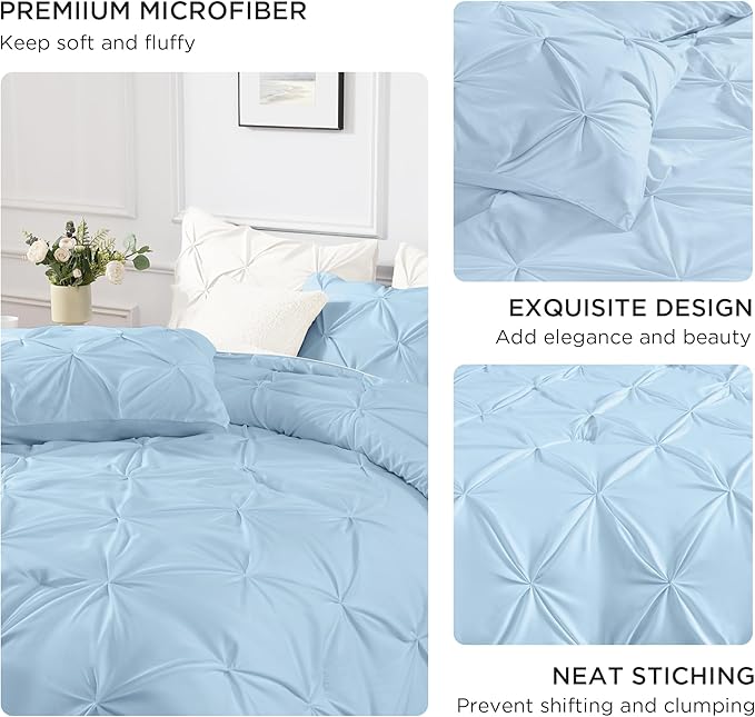 Andency Light Blue Pinch Pleat Comforter Full(79x90Inch), 3 Pieces(1 Down Alternative Comforter and 2 Pillowcases) Light Blue Bed Set Microfiber Pintuck Bedding Set