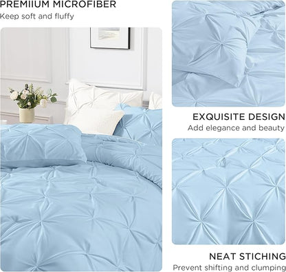 Andency Light Blue Queen Comforter Set, 3 Piece All Season Decorative Pintuck Bedding Comforter & Sets, Light Blue Soft Microfiber Lightweight Washable Bed Set for Queen Size Bed