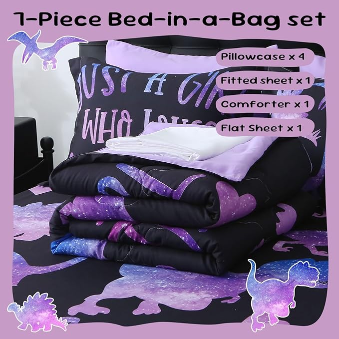 7 Piece Girls Dinosaur Comforter Set Twin Size Violet Dinonsaur Soft Microfiber Bed in A Bag with Comforter,Sheet Set,Pillowcase and Sham for Child Teens All Season