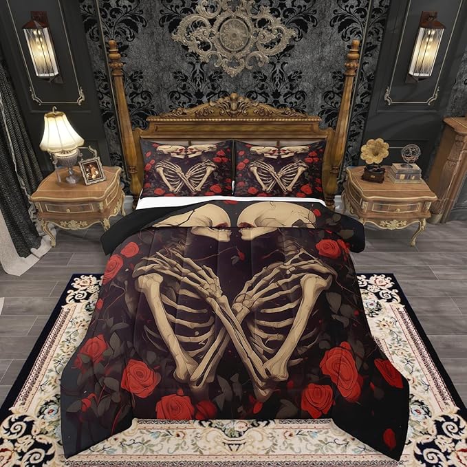 Erosebridal Sugar Skull Down Comforter King Size, Gothic Skeleton Bones Comforter Set, Halloween Horror Bedding Set, Rose Flower Quilt for Teens Youth Adult Women Men Room