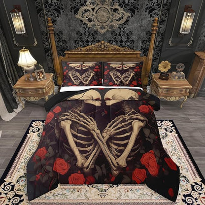 Erosebridal Sugar Skull Down Comforter Toddler Size, Gothic Skeleton Bones Comforter Set, Halloween Horror Bedding Set, Rose Flower Quilt for Teens Youth Adult Women Men Room