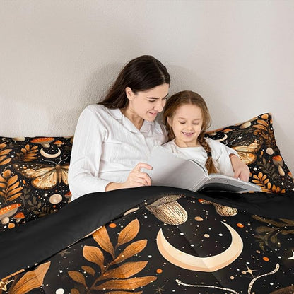 Erosebridal Orange Mushroom Comforter Set Twin, Gothic Moth Bedding Set for Kids Boys Girls Adults Gothic Bedroom Decor, Butterfly Vintage Plants Comforter, Moon and Starry Star Black Quilt
