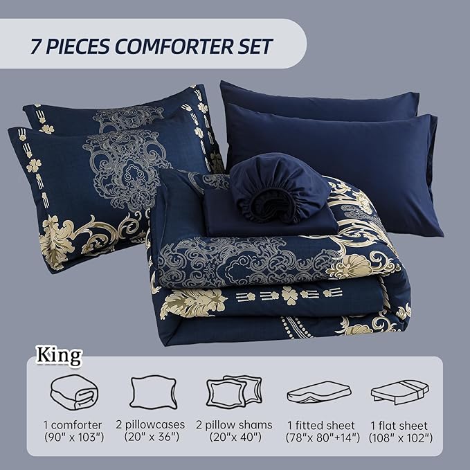 Mybedsoul 7 Pieces Blue Gold Comforter Set King Size, Damask Bed in a Bag for King Bed, Lightweight Microfiber Boho Bedding Sets with Comforter, Sheet, Pillowcases & Shams for All Season(90"x104")