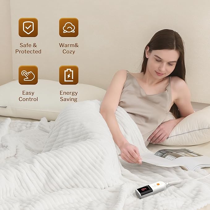 Reaks Electric Heated Blanket Full Size, Silky Soft Flannel & Sherpa Heating Blanket with 9 Heat Levels & 2-10 Hours Auto Off, Warm Gifts for Women Mom Grandma, ETL Certified (72x84 inches, White)