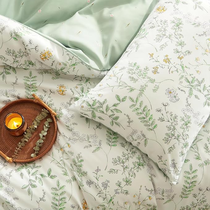 Botanical Comforter Set Queen Sage Green Reversible Floral Bedding Set Farmhouse Leaf Bedding 3Pcs Modern Aesthetic Comforter with 2 Pillowcases Ultra Soft Breathable
