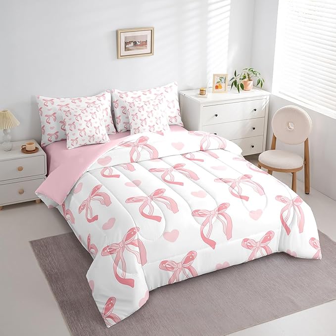jejeloiu Cute Pink Bow 7 Piece Bedding Set Full Size Ribbon Bow Comforter Set with Sheets for Kids Women Cartoon Love Heart Bed in a Bag Pink White Bed Set