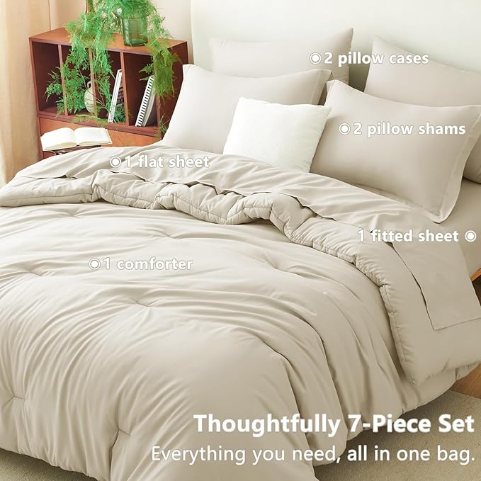 CozyLux Full Comforter Set Oatmeal, 7 Pieces Bed in a Bag Soft Bedding Comforter Set with Sheets, All Season Boho 7PC Bed Sets with Comforter, Fitted Sheets, Flat Sheets, Pillow Shams and Pillowcases