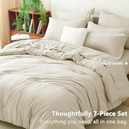 CozyLux King Comforter Set Oatmeal, 7 Pieces Bed in a Bag Soft Bedding Comforter Set with Sheets, All Season Boho 7PC Bed Sets with Comforter, Fitted Sheets, Flat Sheets, Pillow Shams and Pillowcases