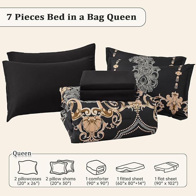 Mybedsoul Black Queen Comforter Set, 7 Pieces Gold Boho Bed in a Bag for Queen Bed, Damask Comforter with Sheets Pillowcases, Soft Microfiber Lightweight Bedding Sets for All Season(90"x90")