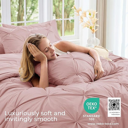 Sasttie King Size Comforter Set, 7-Piece Bed in a Bag, Pintuck Bedding Set for All Season, Includes Comforter, Flat Sheet, Fitted Sheet, Pillowcases and Pillowshams, Rose Gold