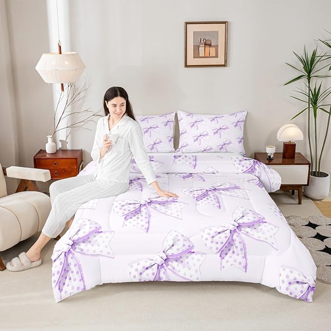 Erosebridal Cartoon Dot Bow Girls King Bedding Set Purple Princess Bowknot Comforter Set Cute Kawaii Butterfly Knot Bedding Comforter Sets for Kids Teen Women,Dreamy Coquette Bow Bed Set
