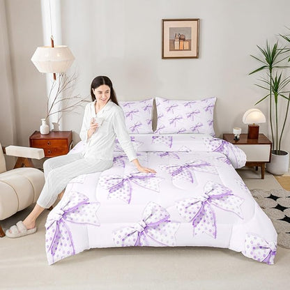 Erosebridal Cartoon Dot Bow Girls Toddler Bedding Set Purple Princess Bowknot Comforter Set Cute Kawaii Butterfly Knot Bedding Comforter Sets for Kids Teen Women,Dreamy Coquette Bow Bed Set